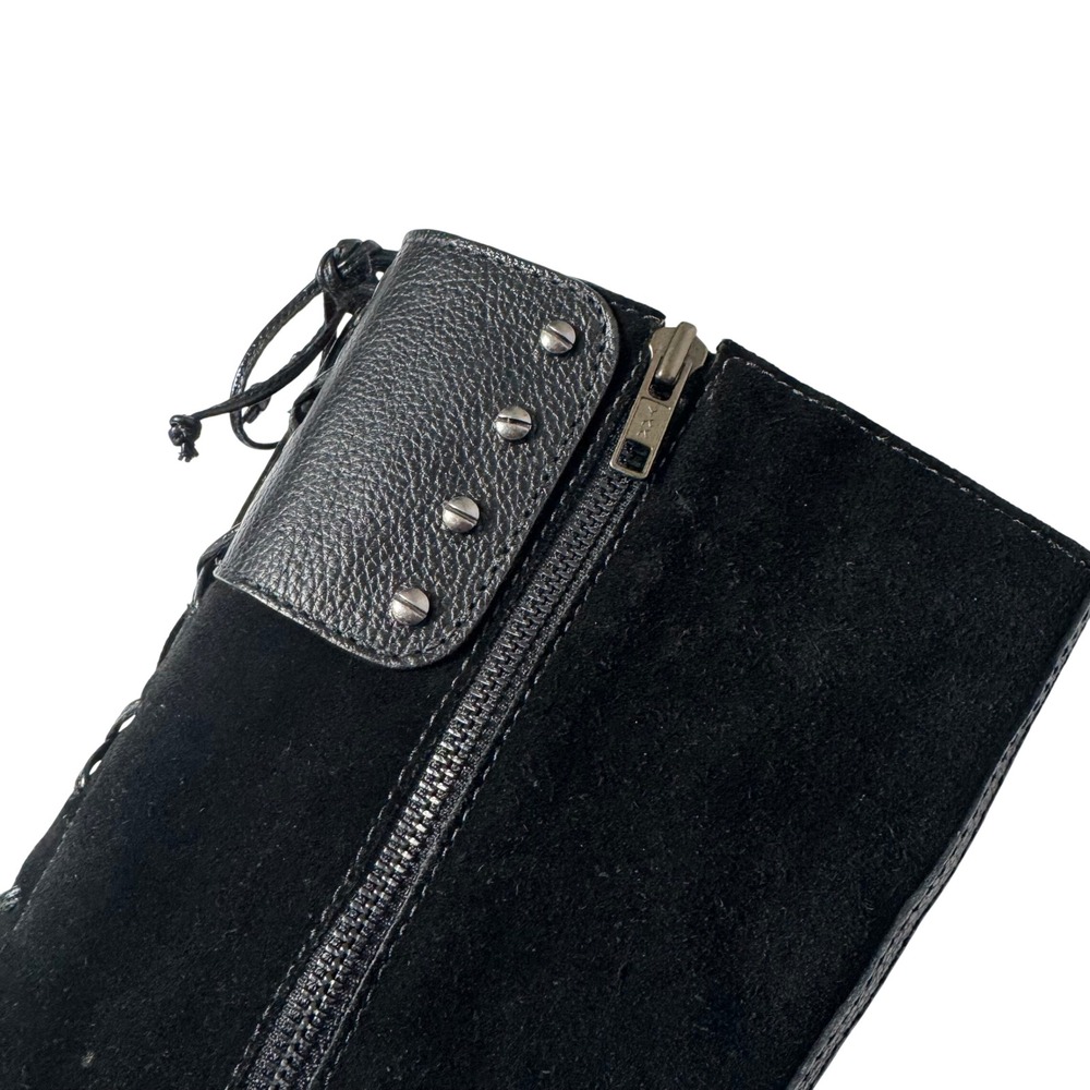Cole Haan Vtg Y2K Black Suede Faux Leather Strap Zip Tall Boot Heel Womens 6 - Picture 7 of 10